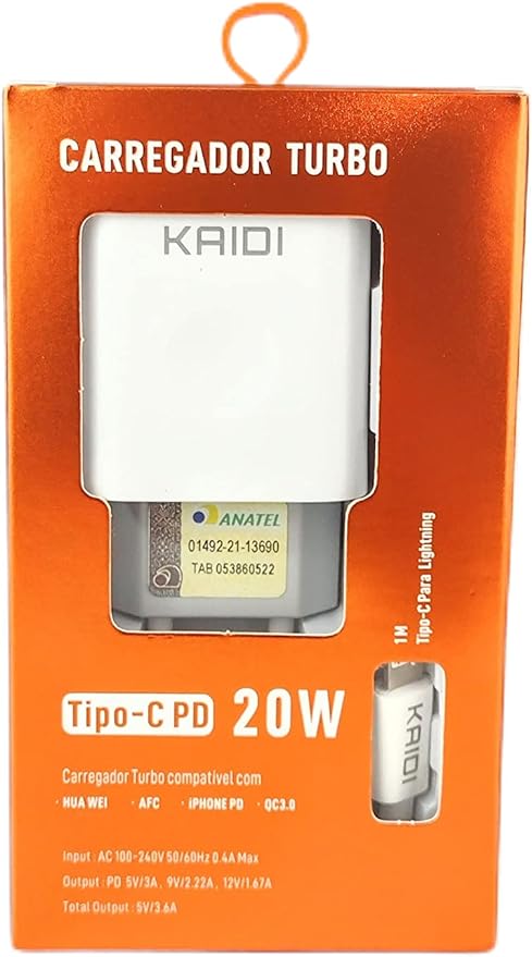 Carregador Rápido Tipo C para Iphone Kaidi KD108A 20W 1 Carregador Rápido Tipo C para Iphone Kaidi KD108A 20W